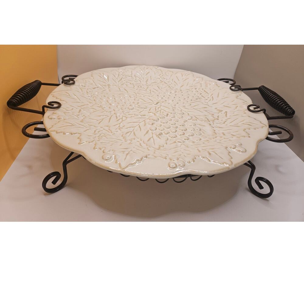 Beautiful Grapevine Serving Platter Plate Tray Ceramic w/ Metal Handles 12x15